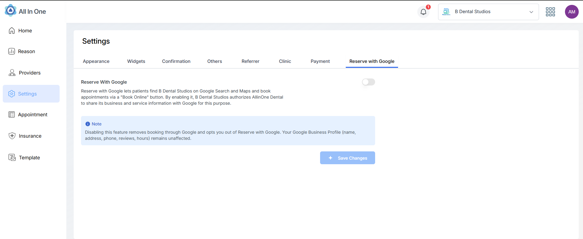 Reserve with Google settings page