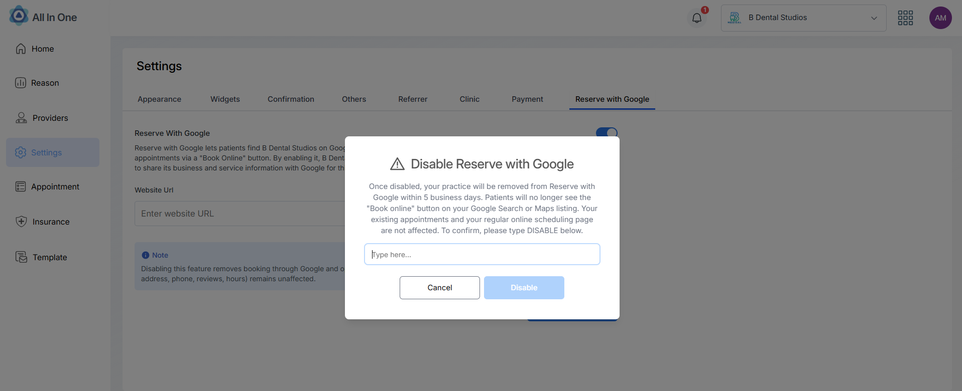Disable Reserve with Google confirmation